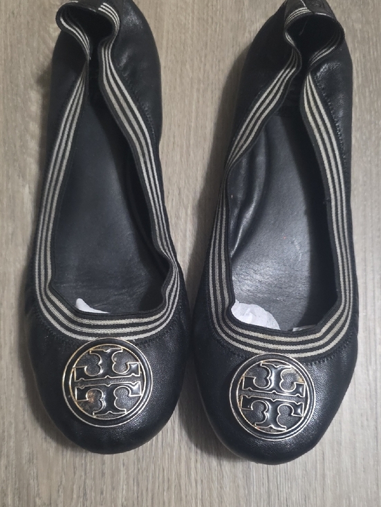 Tory Burch Shoes - Tory Burch Black Leather Ballet Flats with Gold Logo